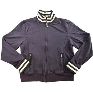 Tickled Pink Womens Track Jacket L Navy Zip Up Striped Collar Cuffs Pockets